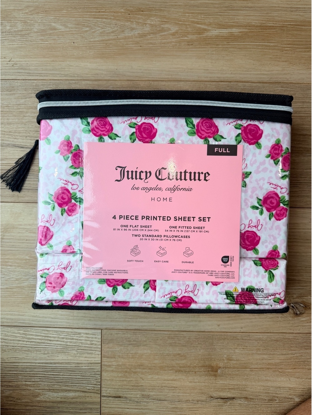 Juicy Couture Full 4-Piece Sheet Set – Pink Rose Floral Leopard Print – New